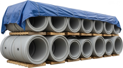 Large concrete pipes stacked on wooden pallets with a blue tarp covering the top layer ready for construction or infrastructure projects construction materials civil engineering building materials