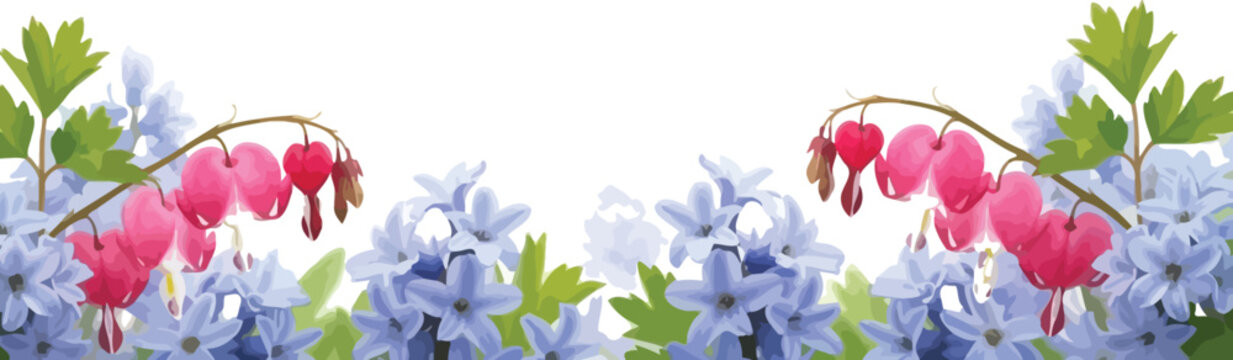 A beautiful spring border illustration featuring pink bleeding hearts and light blue hyacinths on a white background.