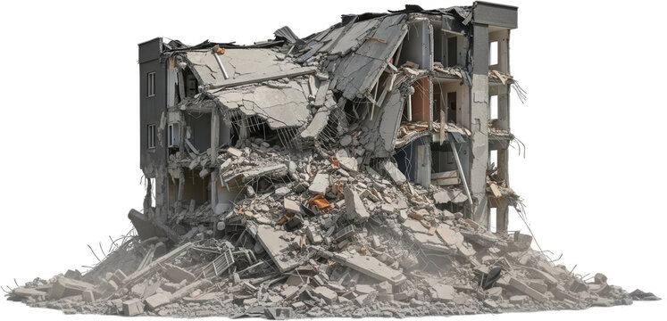 Collapsed multi story residential building rubble and debris from structural failure representing disaster and destruction 185 characters earthquake damage ruin casualty devastation