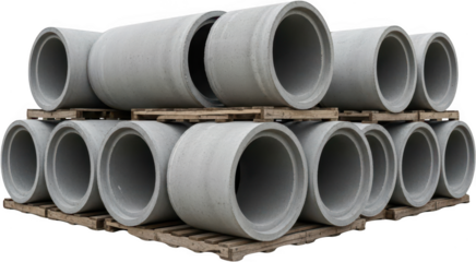 Stacked concrete pipes of various sizes rest on wooden pallets ready for construction and infrastructure projects material industrial engineering building water sewage drainage cement