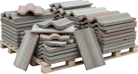 Piles of concrete roof tiles in various grey and red shades are stacked on a wooden pallet showcasing building materials construction stacking renovation rooftop architectural weathered