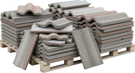 Piles of concrete roof tiles in various grey and red shades are stacked on a wooden pallet showcasing building materials construction stacking renovation rooftop architectural weathered