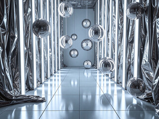 Silver-white balloons, crystal ornaments, cool-toned reflections on clear tables,A frosty elegance evoking a magical winter wonderland.