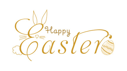 Elegant Happy Easter typography design with bunny ears and decorative egg outline in soft golden tones. Perfect for greeting cards, banners, invitations, social media posts, church events, and spring 