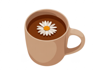 Mug of coffee with white daisy on flower brown liquid isolated on a transparent background