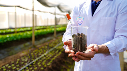 Asian man in lab coat and safety glasses putting soil sample into test tube doing research with icons in greenhouse