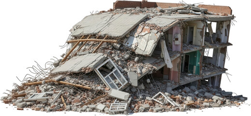 Collapsed multi story building wreckage showing exposed floors broken concrete slabs bricks twisted metal and shattered window frames from a disaster destruction demolition ruin damage