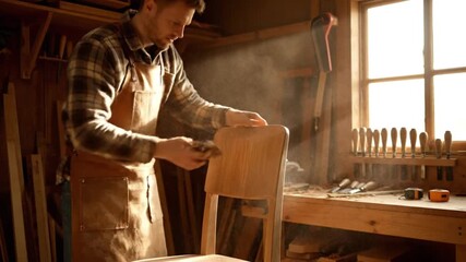 Skilled carpenter sanding a wooden chair in a sunlit workshop
