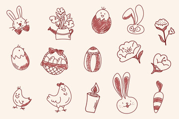 Hand-drawn Easter doodle icon set featuring rabbits, chicks, eggs, basket, flowers, and festive decorations. Great for stickers, planners, greeting cards, scrapbooking, kids projects, and DIY crafting