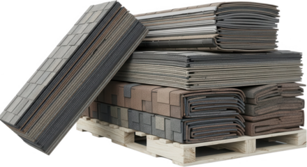 A stacked pile of asphalt roofing shingles in various shades of gray brown and black displayed on a wooden pallet asphalt shingles roof tiles building materials construction home improvement