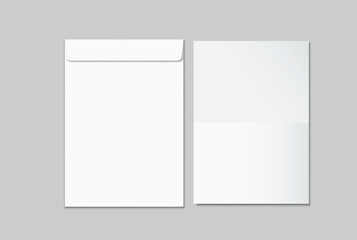Empty Template Mockup paper and white envelope isolated on background, clean stationery layout for branding, corporate identity, letter design, invitation template, mailing concept, copy space ready.