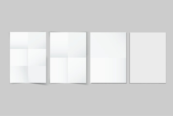 Blank folded paper mockup isolated on neutral background, minimal stationery templates with different crease styles for brochure, leaflet, flyer, document design, print layout and copy space.