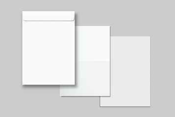 Empty Template Mockup paper and white envelope isolated on background, clean stationery layout for branding, corporate identity, letter design, invitation template, mailing concept, copy space ready.