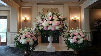 wedding bouquet in front of a houseElegant Wedding Bouquet in Front of a Beautiful House &ndash; Romantic Bridal Flower Arrangement, Home Wedding Decoration, Soft Pastel Roses and Peonies Creating a Dreamy 