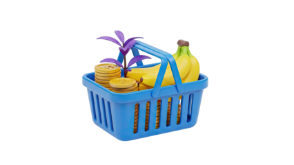 Shopping basket with bananas, coins, and a plant