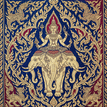 Intricate Thai Traditional Art: Lord Indra on Erawan Three-Headed Elephant with Golden Lai Thai Patterns