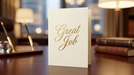 A congratulatory 'Great Job' card with gold text, elegantly placed on a wooden desk in a professional office setting, symbolizing success and appreciation.