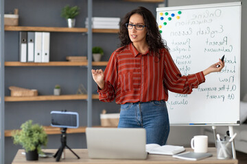 Online Learning. Portrait of young female teacher in glasses pointing at whiteboard, explaining...
