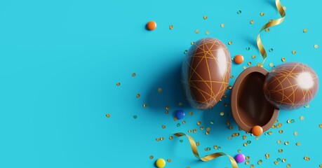 3D Illustration. Flat lay Chocolate Easter Eggs on white background. 3D Rendering