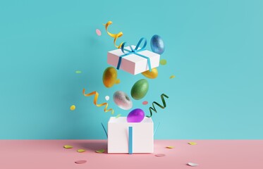 3D Illustration. Happy Easter Day. Surprise gift box with easter eggs inside. 3D Rendering