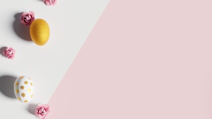 3D Illustration. Flat lay Easter eggs on pastel background. 3D Rendering