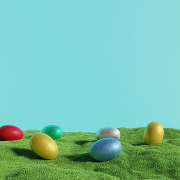 3D Illustration. Colorful Easter Eggs on grass with blue background. 3D Rendering