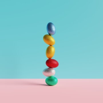 3D Illustration. Vertical stack of colorful easter eggs. 3D Rendering