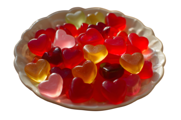 a bowl of gummy hearts on a table