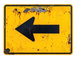 Aged, rectangular yellow sign with a bold black arrow pointing left