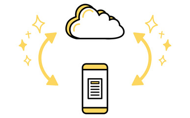 スマートフォンによる書類データのクラウドバックアップのイラスト 黄色のベクター素材