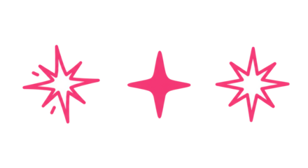 Three vibrant bright pink hand-drawn starburst sparkle shapes, irregular bold outlines, doodle-like, on transparent background with copy space, soft studio lighting, playful energy concept