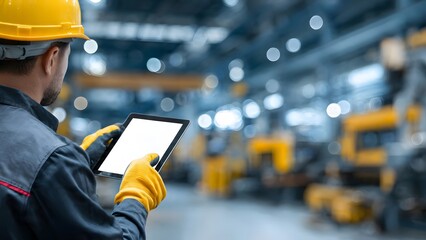 Industrial maintenance worker using AI equipment diagnostics concept with blank tablet screen