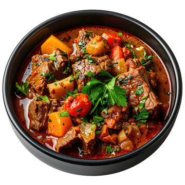 A rustic clay pot of tavas lamb stew, steaming and ready to serve, isolated on white background