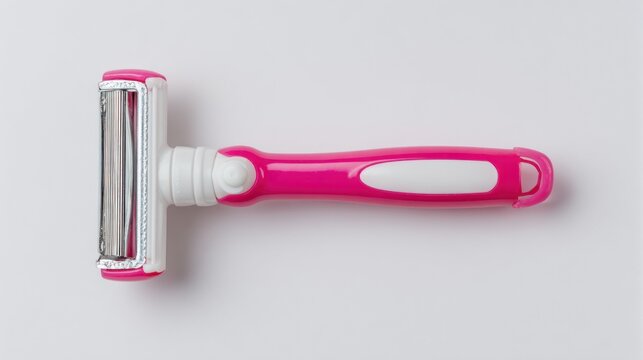 Overhead view of a pink and white disposable razor. The razor has a pink handle with white accents.  The razor's blades are visible