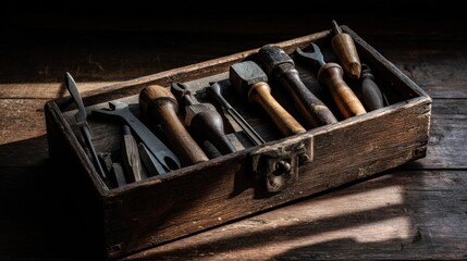 A weathered wooden box, slightly ajar, holds an assortment of antique hand tools; chisels, mallets, and wrenches with worn wooden handles, bathed in dramatic light and shadow on a dark wooden surface