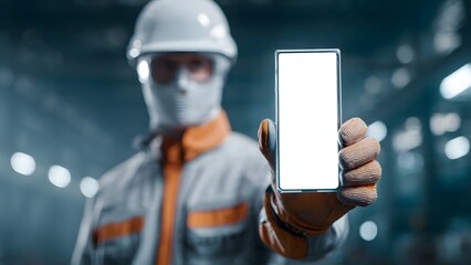 Factory worker using AI safety monitoring concept with blank handheld device screen