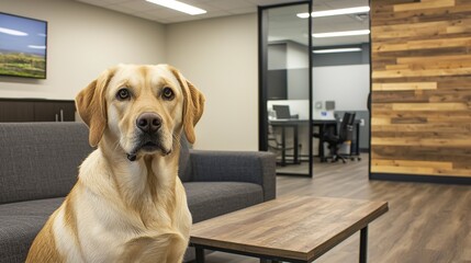Pet-friendly workplace environment featuring a labrador dog in modern office space