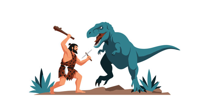 Brave caveman armed with a wooden club and a primitive stone tool, facing off against a large blue Tyrannosaurus Rex in a prehistoric scene.