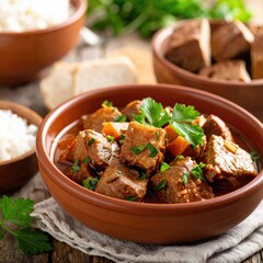 Stew of meat and vegetables in a ceramic bowl, sides of rice & bread