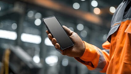 Factory worker using AI safety monitoring concept with blank handheld device screen