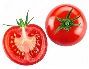 Two tomatoes, one whole and one halved, against a white background