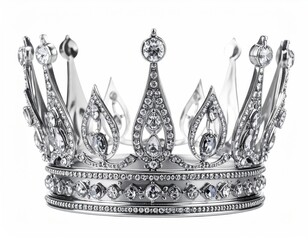 Silver crown, ornate with many clear gems, isolated on white background