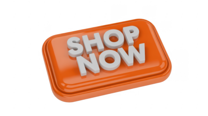Orange shop now button with white 3D text orange button isolated on a transparent background