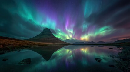 Vibrant aurora borealis display over a serene, dark, still lake reflecting a majestic, pointed mountain under a starlit sky; colors range from teal, green, purple, and yellow
