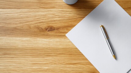 Clean desk scene with paper, pen, and mug top on light, textured wood