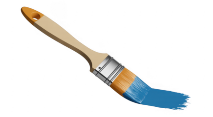 Paintbrush with blue paint on bristles and wooden handle isolated on a transparent background