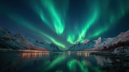 Aurora borealis lights up mountains reflected in tranquil water under a star-filled night sky