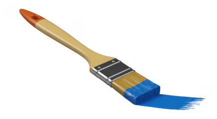 Paintbrush with blue paint and orange tip bristles isolated on a transparent background