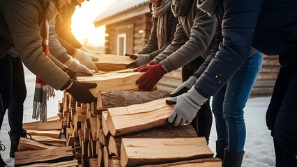 People stacking firewood together outdoors in winter.
