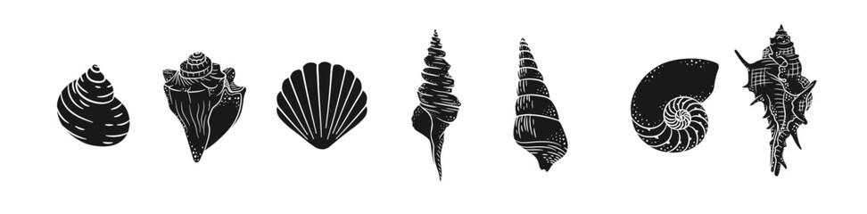 Seashell silhouette vector illustration set. Aquatic marine graphics for menu, seafood restaurant design, resort hotel spa, surf boards, wall art print © Kkoma